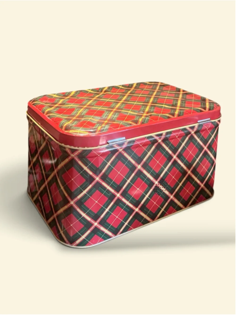 Vintage 1950s Tartan Plaid Metal Bread Box Red Green Yellow Mid Century Kitchen